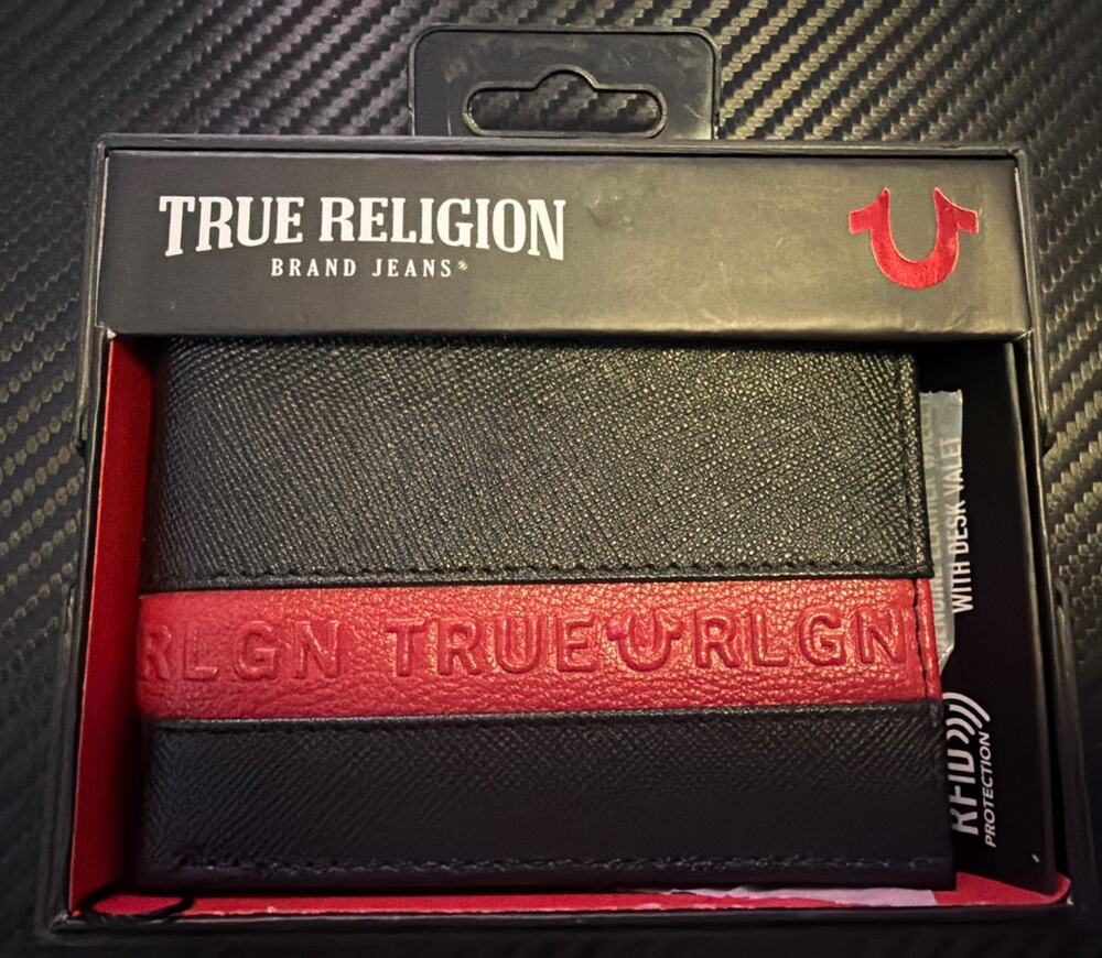 New True Religion Men's Genuine Leather Black Bifold Wallet RFID Red Stripe